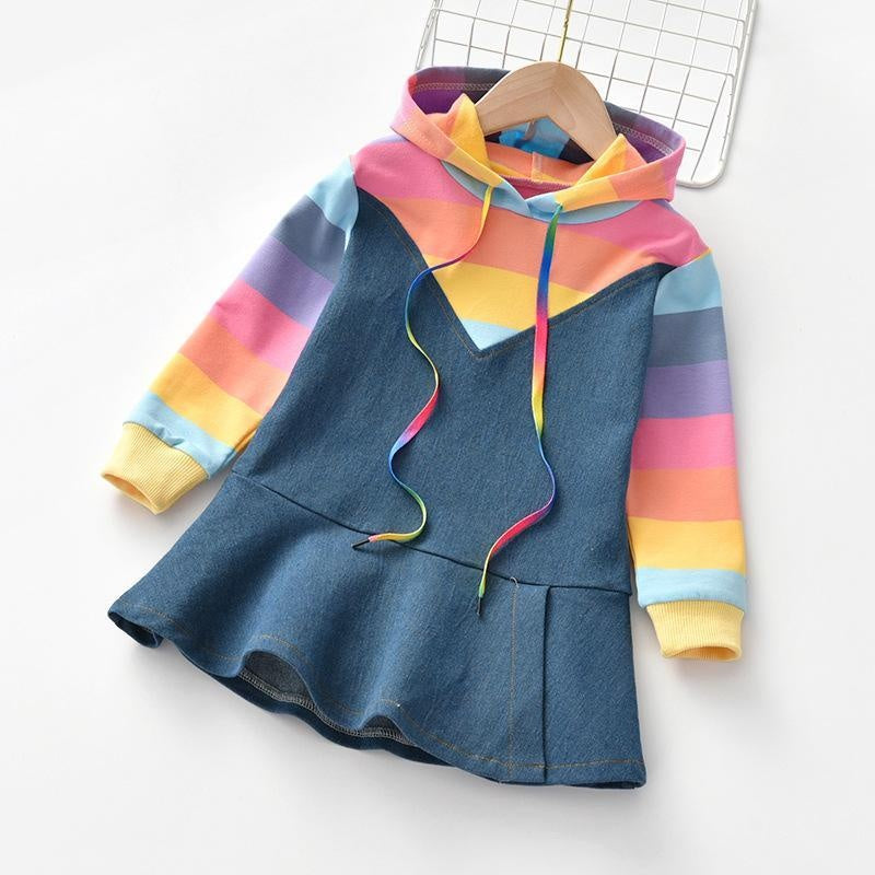 Autumn New Little Girl Rainbow Denim Dress - MomyMall