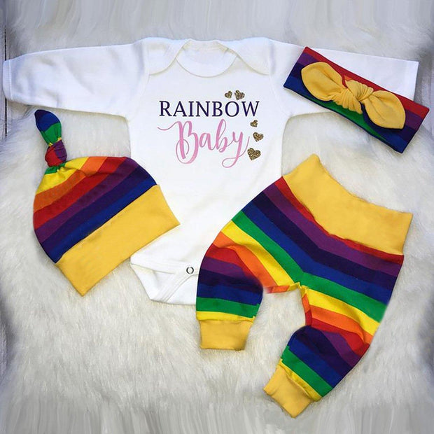 Baby Girl Color Letter Printing Rainbow Romper Outfit 3 Pcs