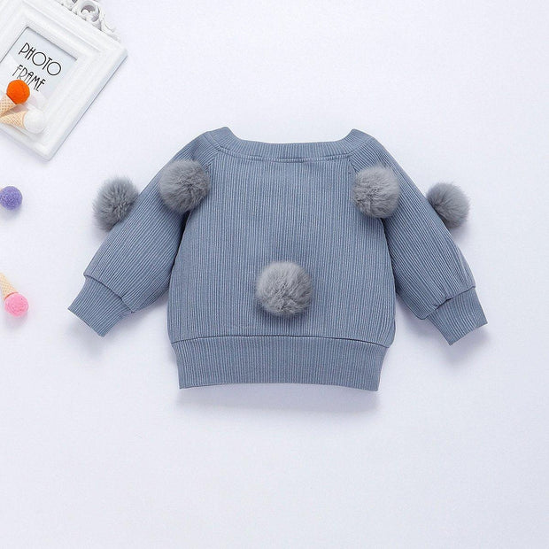 Girls Plush Ball Pit Long Sleeve Hairball Knit Warm 2 Pcs Tracksuit Sets