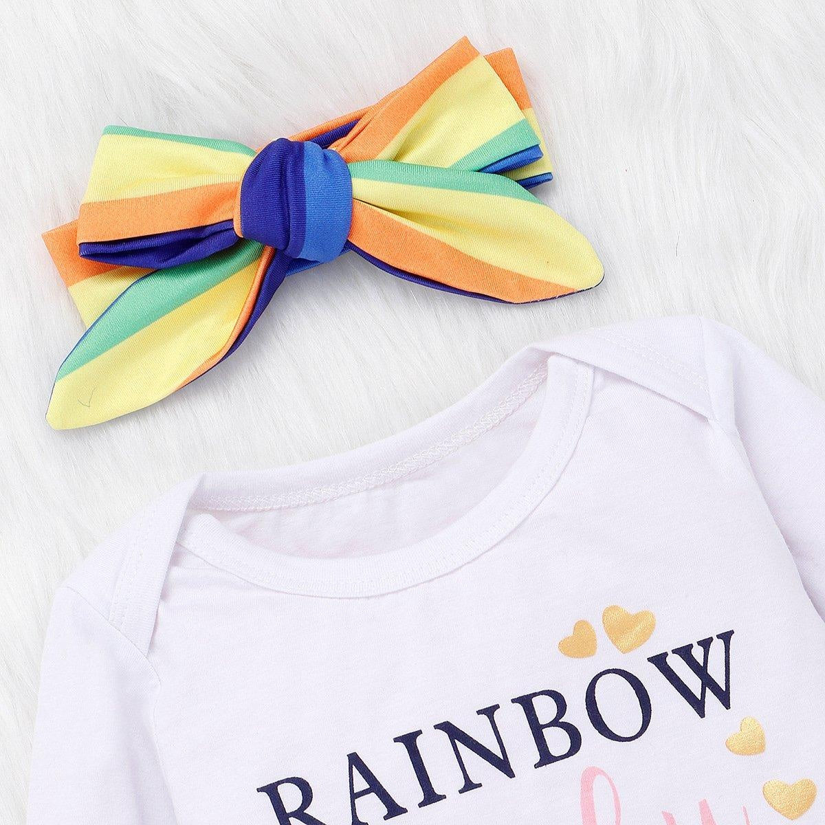 Baby Girl Color Letter Printing Rainbow Romper Outfit 3 Pcs