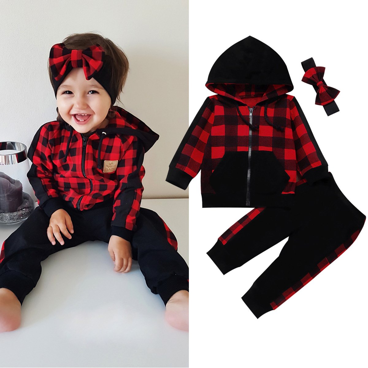 New Spring Girls Plaid Casual Tops+Bottoms+Headband 3pcs/Set Outfit Tracksuits