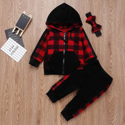 New Spring Girls Plaid Casual Tops+Bottoms+Headband 3pcs/Set Outfit Tracksuits