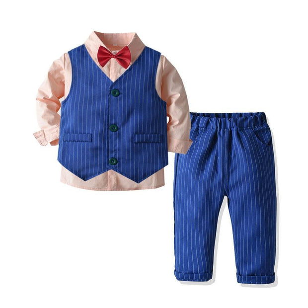 Bow Tie Striped Suit Baby Boy 4 Pcs Set Formal Suits - MomyMall Blue / 1-2 Years