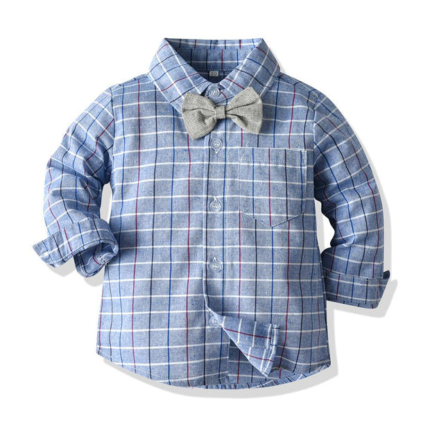 Plaid Blue Long-sleeved Suspenders Baby Boy 2 Pcs Set suits