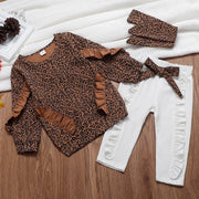 Mode Mädchen Leopard Rüschen Tops + Hosen + Kopfbedeckung 3 Stück Set Overalls