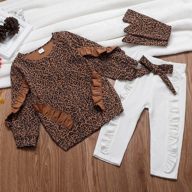 Fashion Girl Leopard Ruffle Tops+Bottoms+Headwear 3 Pcs Set Jumpsuits