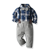 Boy Blue Plaid Long-sleeved Suspenders Set 2 Pcs suits - MomyMall