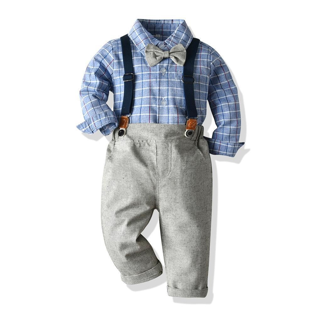 Plaid Blue Long-sleeved Suspenders Baby Boy 2 Pcs Set suits