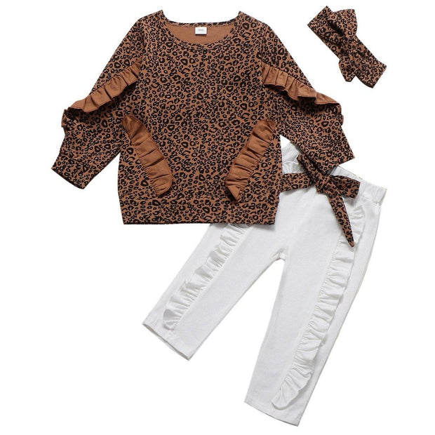 Fashion Girl Leopard Ruffle Tops+Bottoms+Headwear 3 Pcs Set Jumpsuits