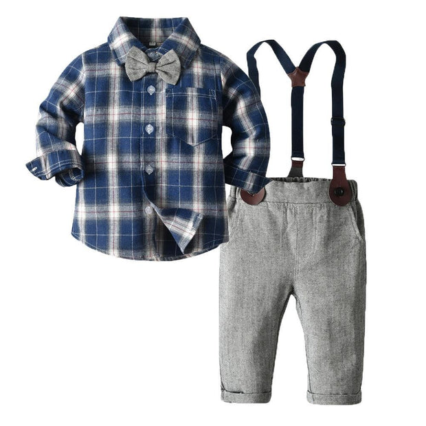 Boy Blue Plaid Long-sleeved Suspenders Set 2 Pcs suits - MomyMall Blue / 6-12 Months