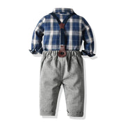 Boy Blue Plaid Long-sleeved Suspenders Set 2 Pcs suits - MomyMall