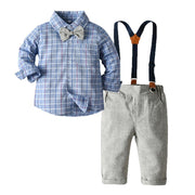 Plaid Blue Long-sleeved Suspenders Baby Boy 2 Pcs Set suits