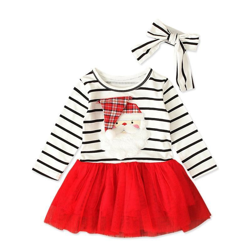 Kids Girl Spring Autumn Long Sleeve Striped Santa Claus Christmas Dress 2 Pcs