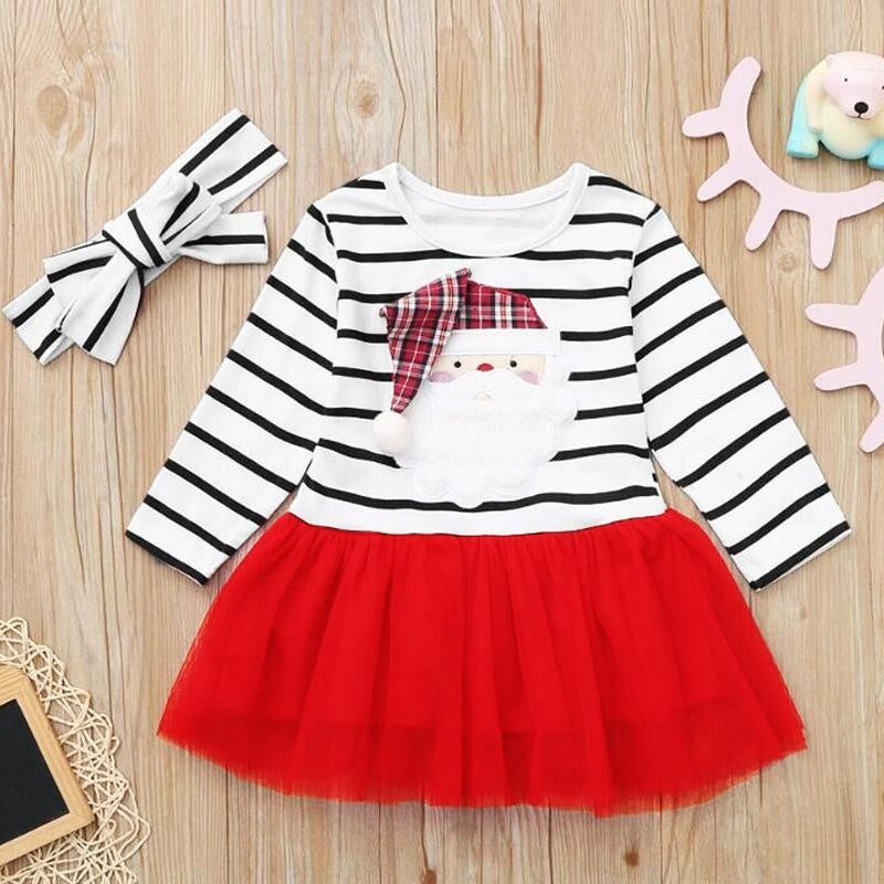 Kids Girl Spring Autumn Long Sleeve Striped Santa Claus Christmas Dress 2 Pcs