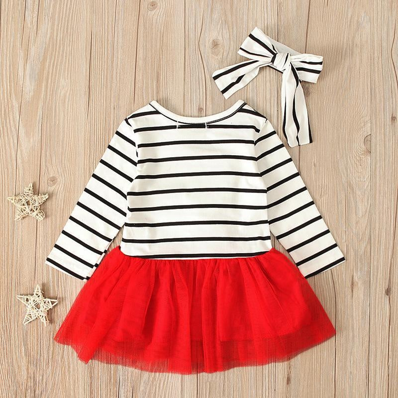 Kids Girl Spring Autumn Long Sleeve Striped Santa Claus Christmas Dress 2 Pcs