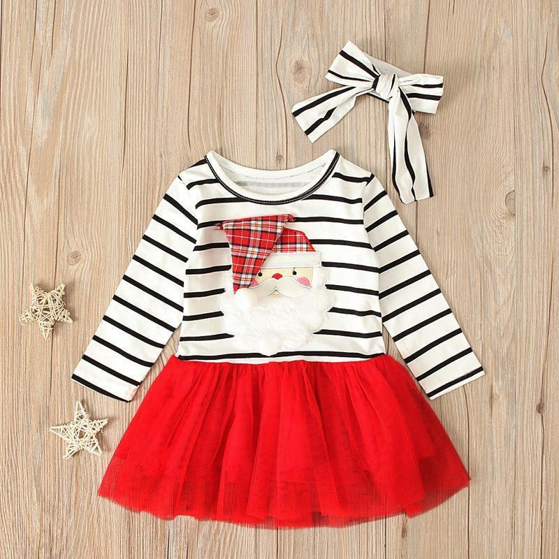 Kids Girl Spring Autumn Long Sleeve Striped Santa Claus Christmas Dress 2 Pcs