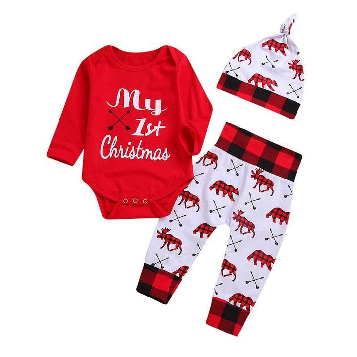 Kids Baby Long Sleeve Christmas Letter Creeper and Trousers 3 Pcs - MomyMall red / 70 cm:3-6months