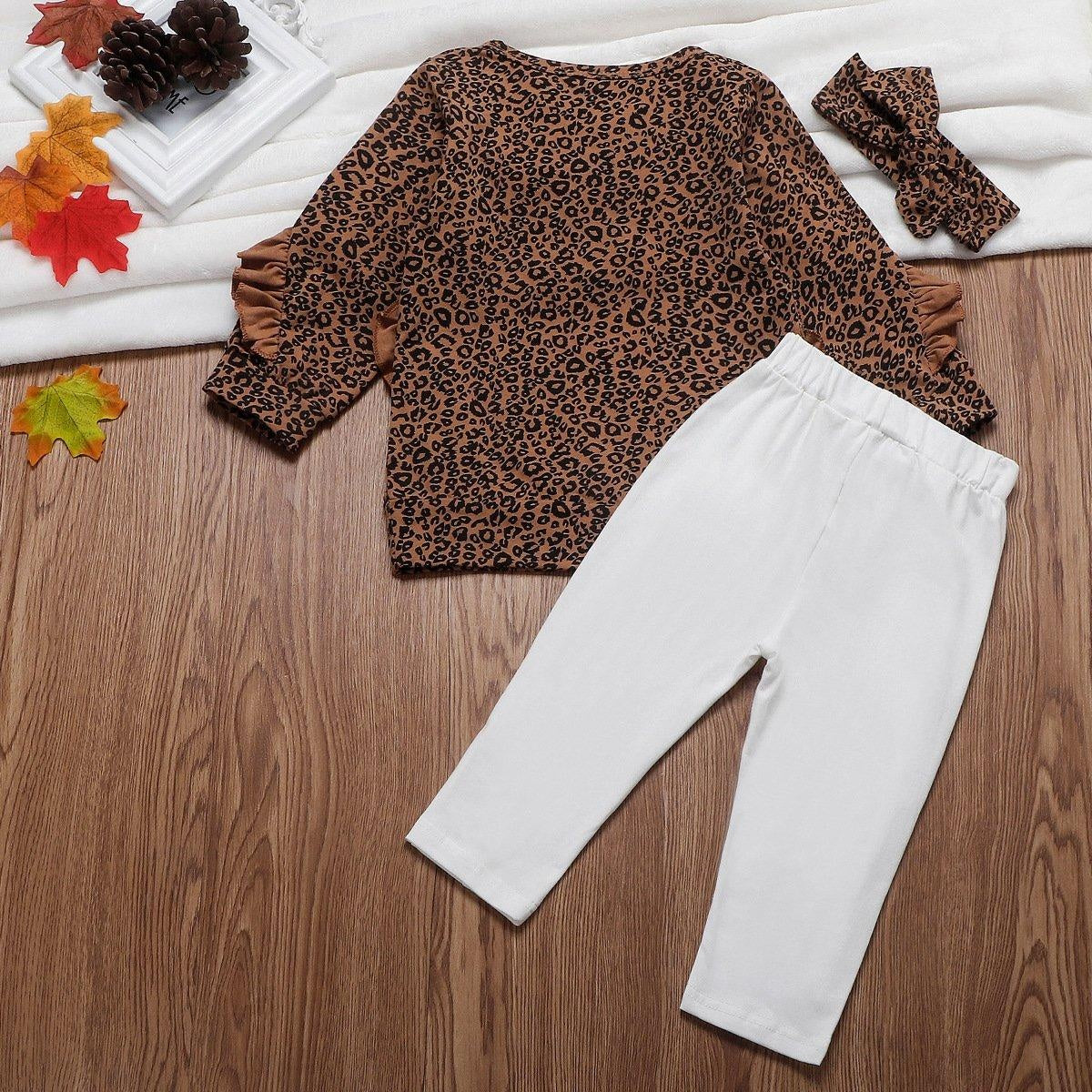 Fashion Girl Leopard Ruffle Tops+Bottoms+Headwear 3 Pcs Set Jumpsuits