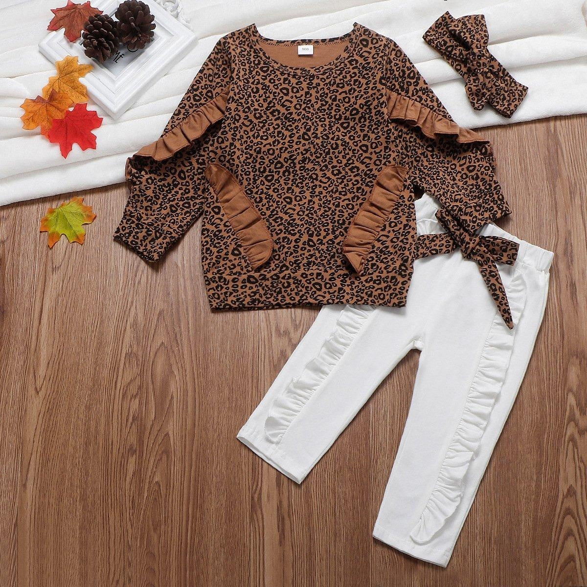 Fashion Girl Leopard Ruffle Tops+Bottoms+Headwear 3 Pcs Set Jumpsuits