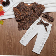 Fashion Girl Leopard Ruffle Tops + Bottoms + Headwear 3 Pcs Set Combinaisons 