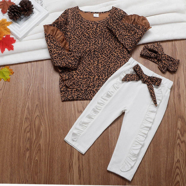 Fashion Girl Leopard Ruffle Tops+Bottoms+Headwear 3 Pcs Set Jumpsuits