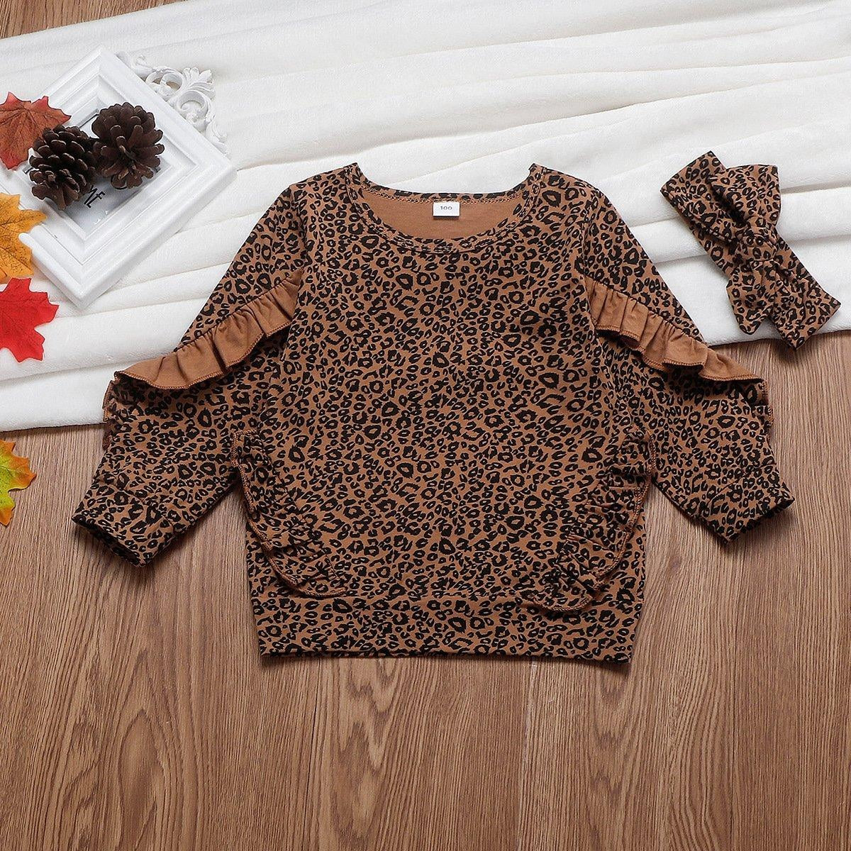 Fashion Girl Leopard Ruffle Tops + Bottoms + Headwear 3 Pcs Set Combinaisons 