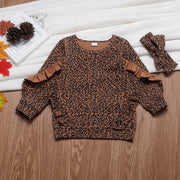 Fashion Girl Leopard Ruffle Tops+Bottoms+Headwear 3 Pcs Set Jumpsuits