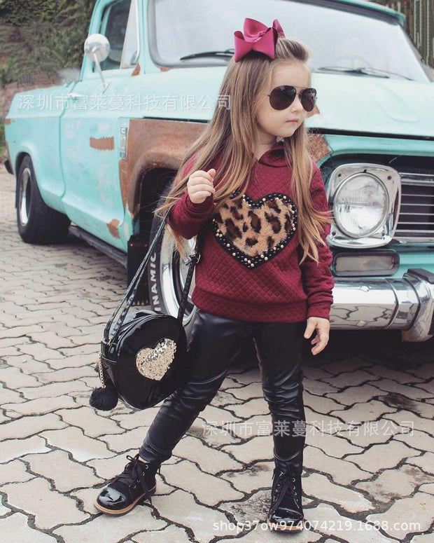 Girl Leopard Embroidered Trend Leather 2 Pcs Outfit Tracksuit - MomyMall