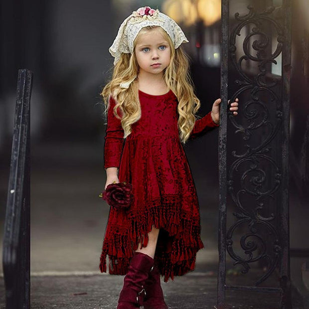 Kids Girl Gold Velvet Long Sleeve Tassel Sweet Princess Dresses - MomyMall Red / 80cm:6-12months