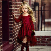 Kids Girl Gold Velvet Long Sleeve Tassel Sweet Princess Dresses - MomyMall