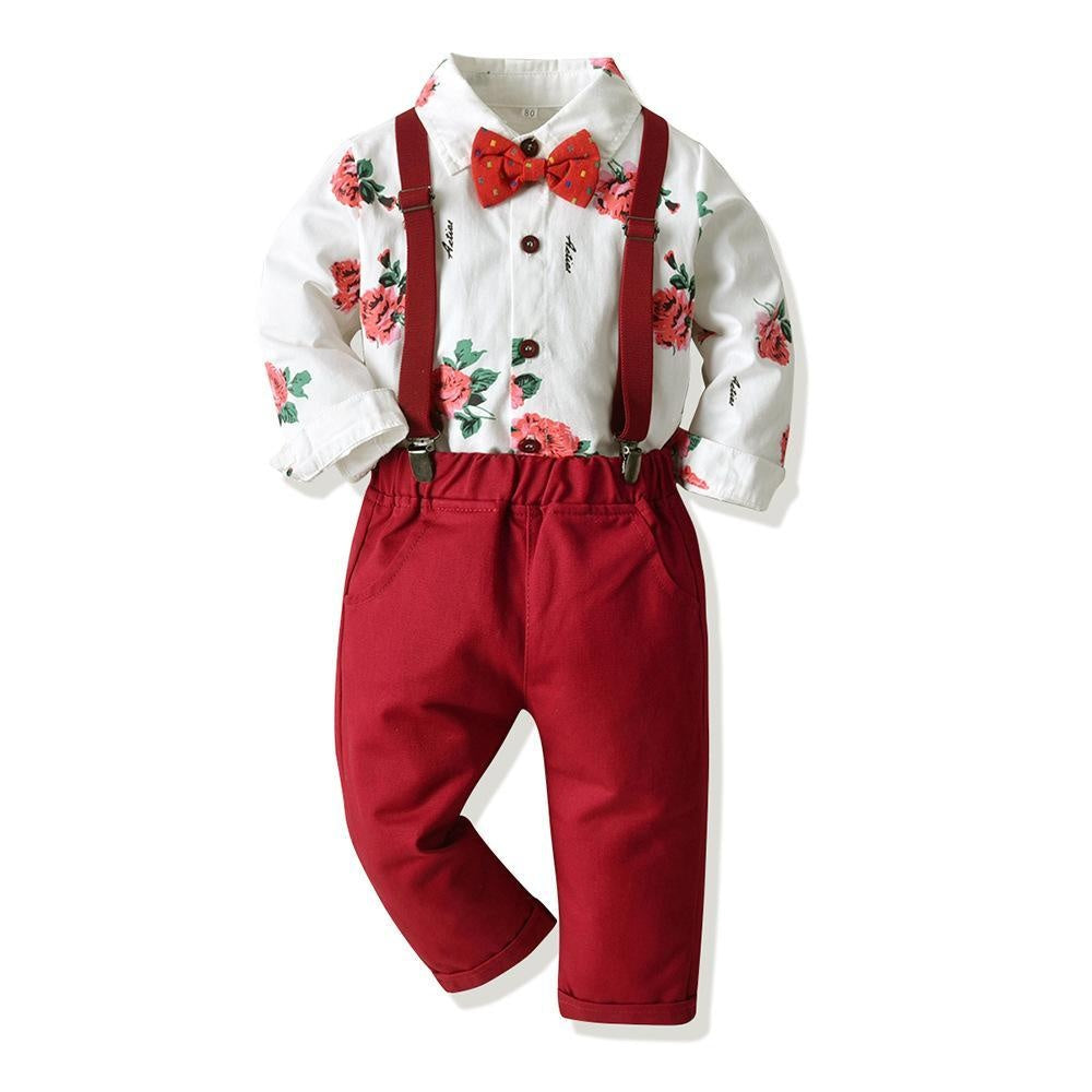 Baby Boy Floral Long Sleeve Suspenders Set 2 Pcs suits