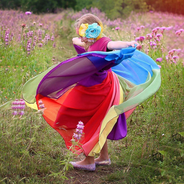 Girl Short Sleeve Rainbow Mesh Rainbow Princess Dresses - MomyMall Red / 90cm:1-2years