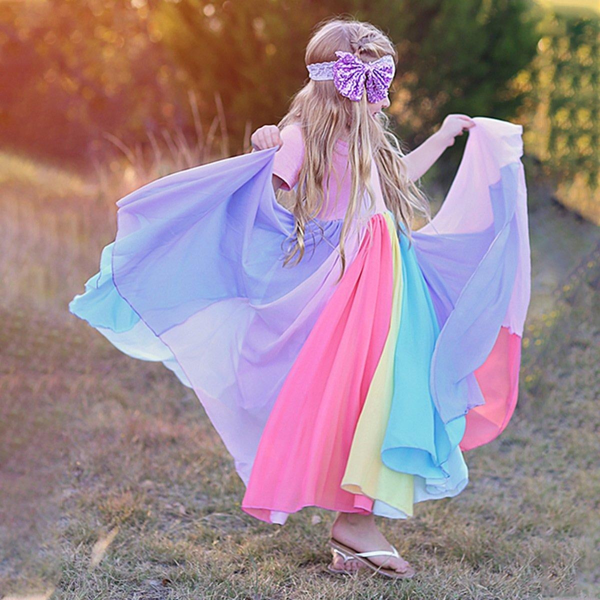 Girl Short Sleeve Rainbow Mesh Rainbow Princess Dresses - MomyMall