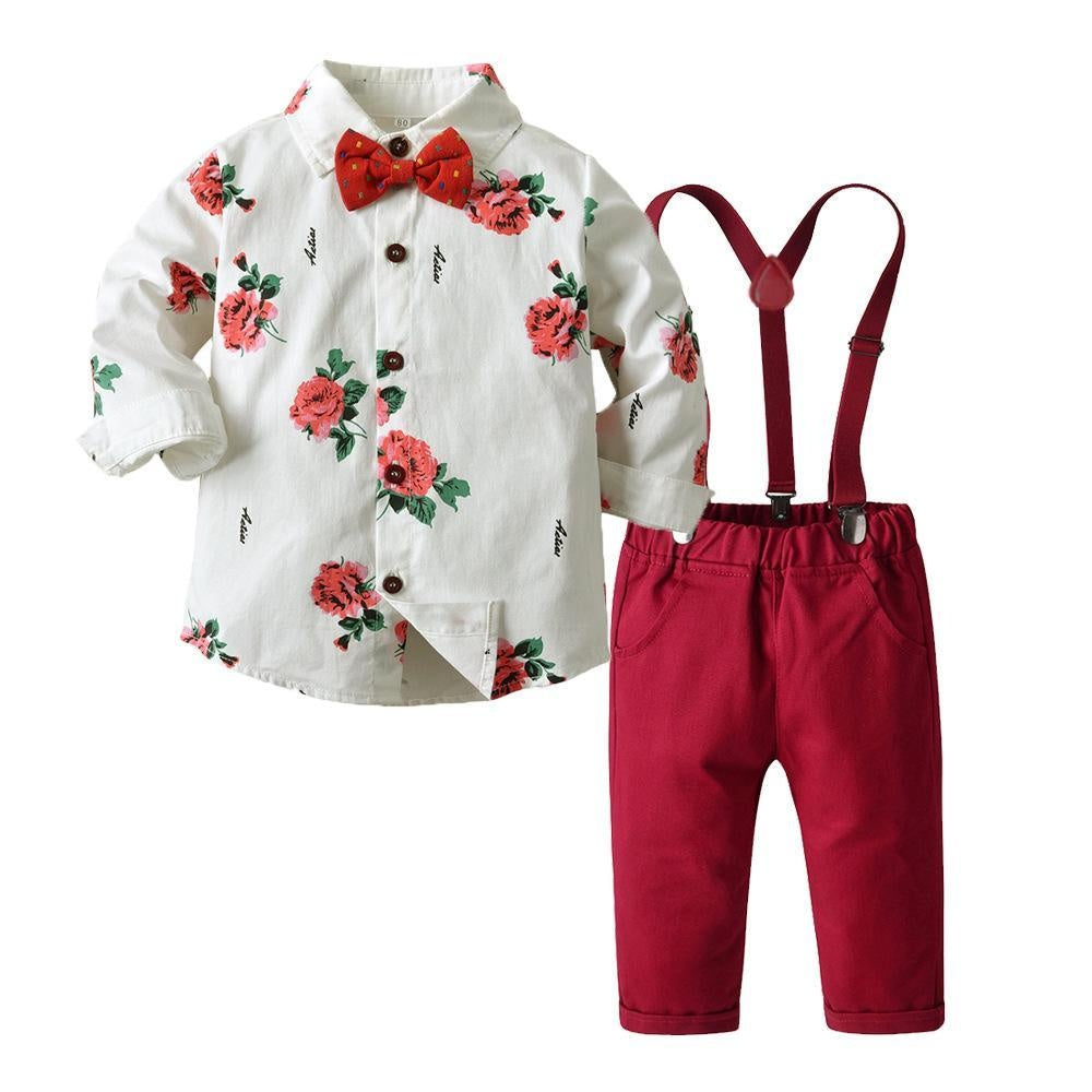 Baby Boy Floral Long Sleeve Suspenders Set 2 Pcs suits