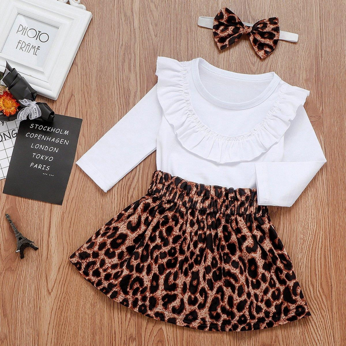 Baby Girl Spring Long Sleeve Ruffle Jumpsuit Leopard Print Outfits 3PCS 0-24M