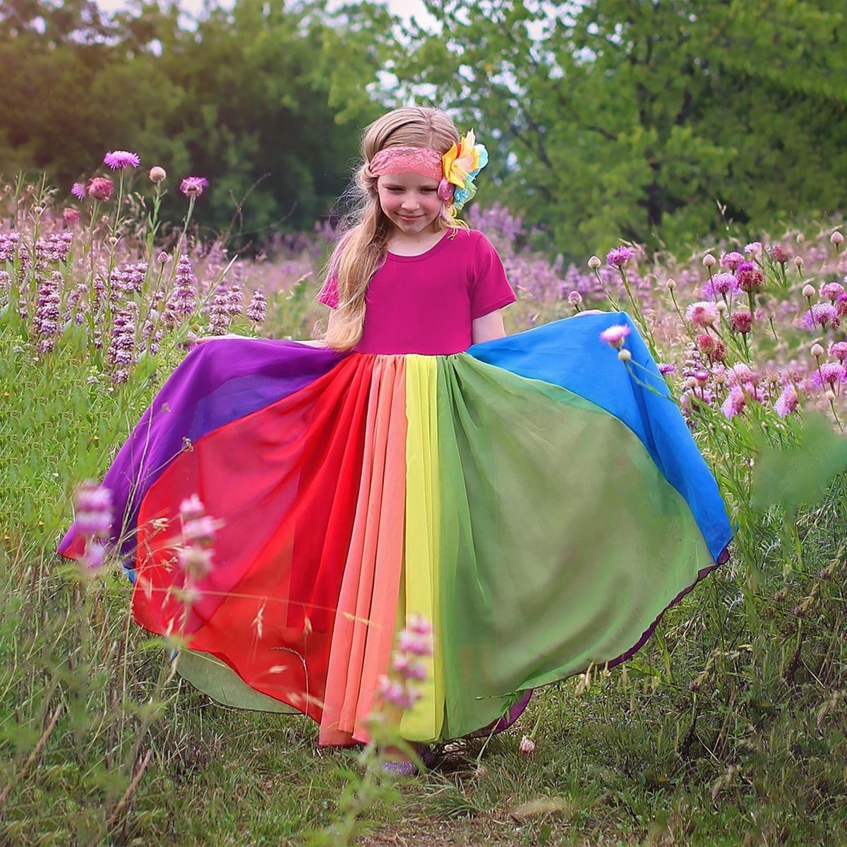 Girl Short Sleeve Rainbow Mesh Rainbow Princess Dresses - MomyMall