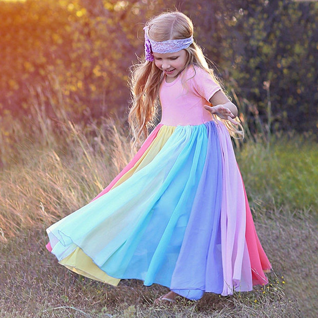 Girl Short Sleeve Rainbow Mesh Rainbow Princess Dresses - MomyMall Pink / 90cm:1-2years