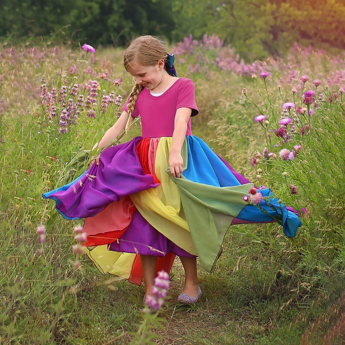 Girl Short Sleeve Rainbow Mesh Rainbow Princess Dresses - MomyMall