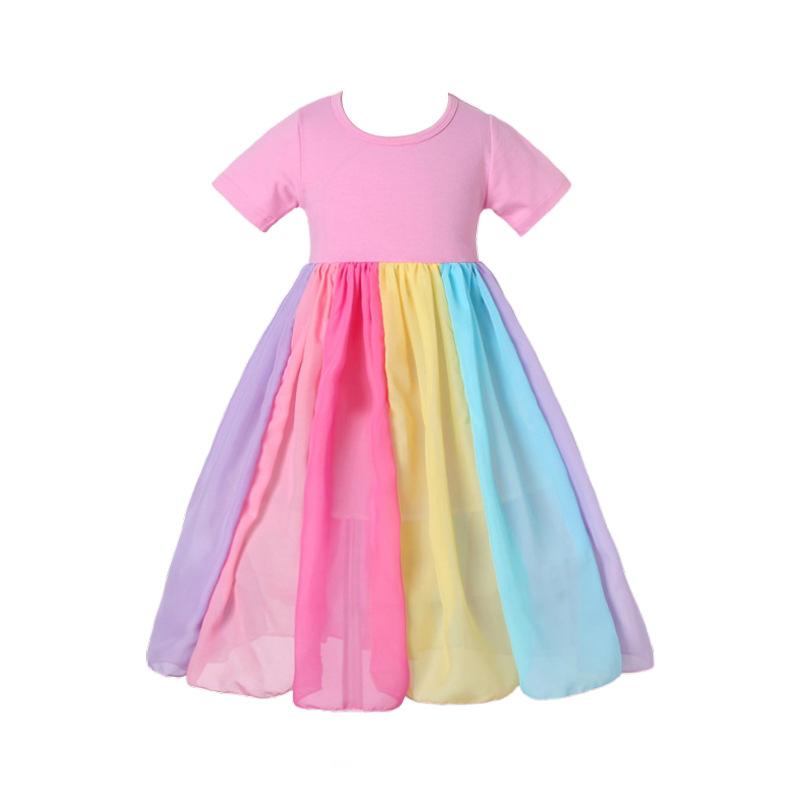 Girl Short Sleeve Rainbow Mesh Rainbow Princess Dresses - MomyMall