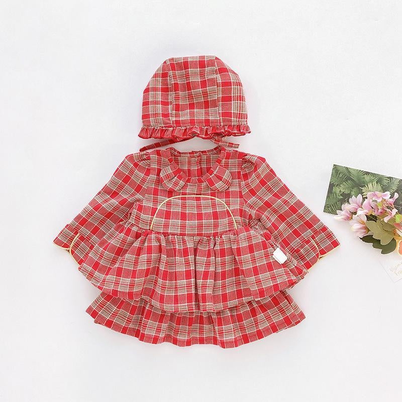 Children Baby Girl Lolita Dress Plaid Style Dress+Hat 2 Pcs - MomyMall