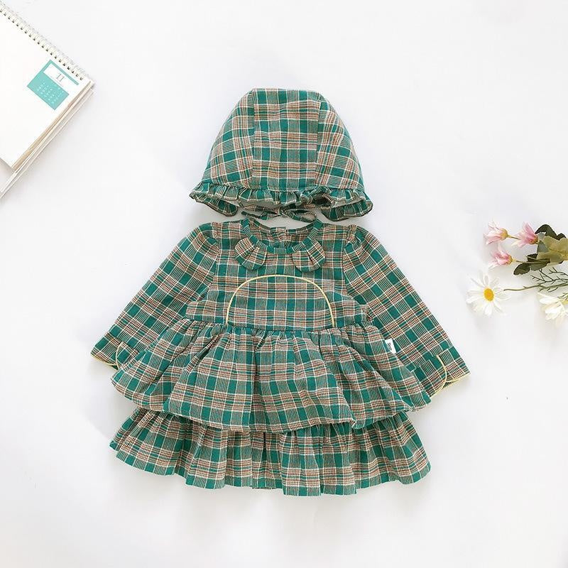 Children Baby Girl Lolita Dress Plaid Style Dress+Hat 2 Pcs - MomyMall