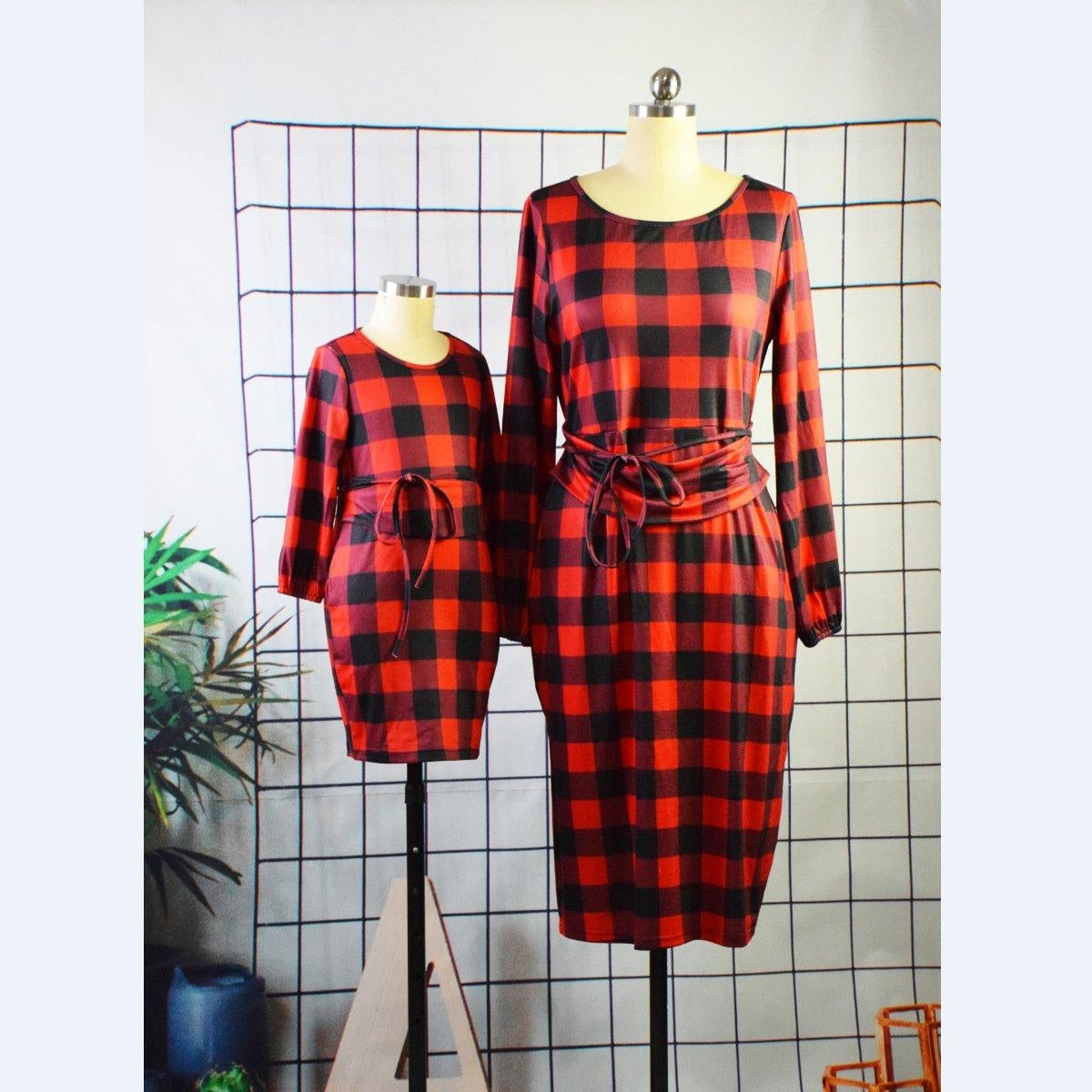 Family Matching Plaid Bag Hip Parent-child Dress