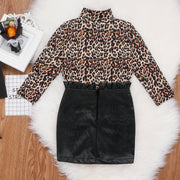 New Girl Leopard Print Long Sleeve Top with Buttocks Leather Skirt 2 Pcs Outfits - MomyMall