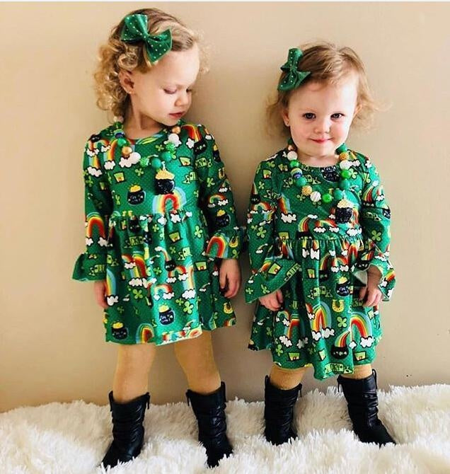 Baby Girl Long Flare Sleeve Floral Christmas Dress 1-6Y - MomyMall Green / 2T