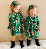 Baby Girl Long Flare Sleeve Floral Christmas Dress 1-6Y - MomyMall Green / 2T
