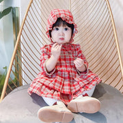 Children Baby Girl Lolita Dress Plaid Style Dress+Hat 2 Pcs - MomyMall Red / 66cm (3-6Months)
