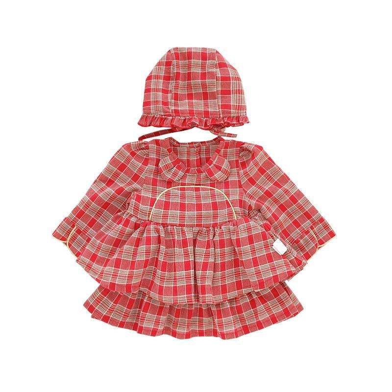 Children Baby Girl Lolita Dress Plaid Style Dress+Hat 2 Pcs - MomyMall