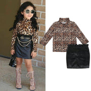 New Girl Leopard Print Long Sleeve Top with Buttocks Leather Skirt 2 Pcs Outfits - MomyMall Black / 90cm:1-2years