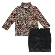 New Girl Leopard Print Long Sleeve Top with Buttocks Leather Skirt 2 Pcs Outfits - MomyMall