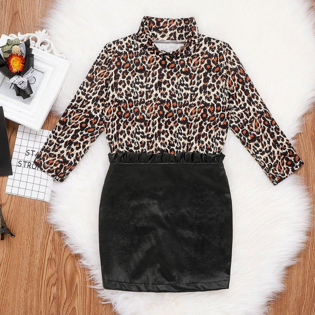 New Girl Leopard Print Long Sleeve Top with Buttocks Leather Skirt 2 Pcs Outfits - MomyMall